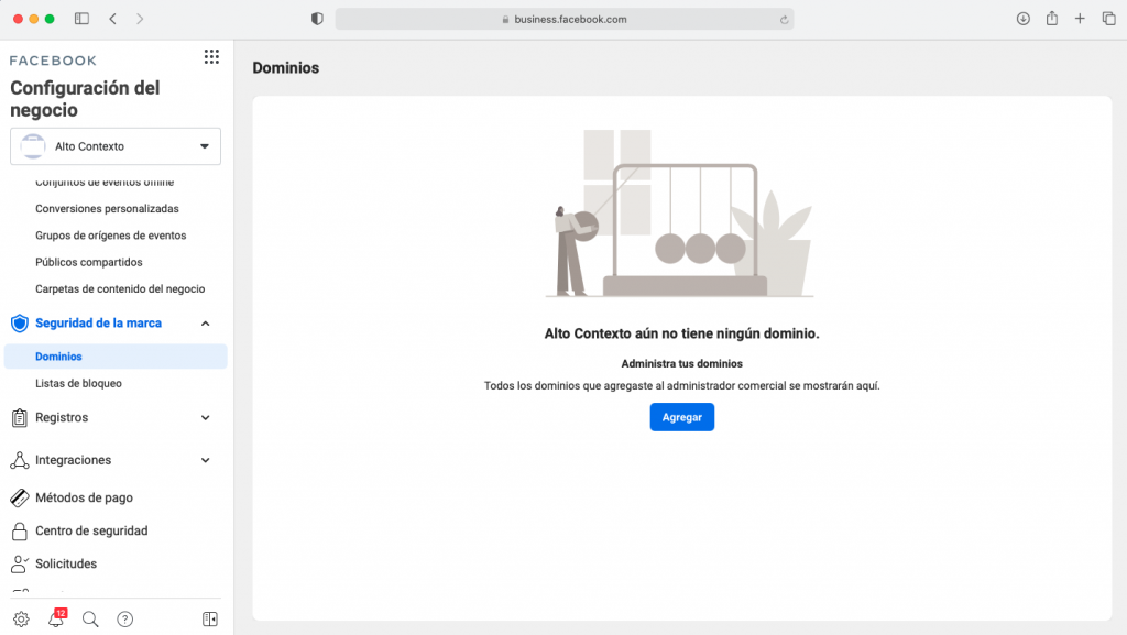 Pantalla inicial verificar tu dominio en el Facebook Business Manager