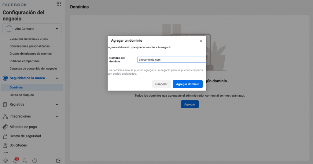 Página de agregar dominio para verificar tu dominio en el Facebook Business Manager
