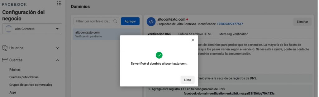 verificar tu dominio en el Facebook Business Manager listo