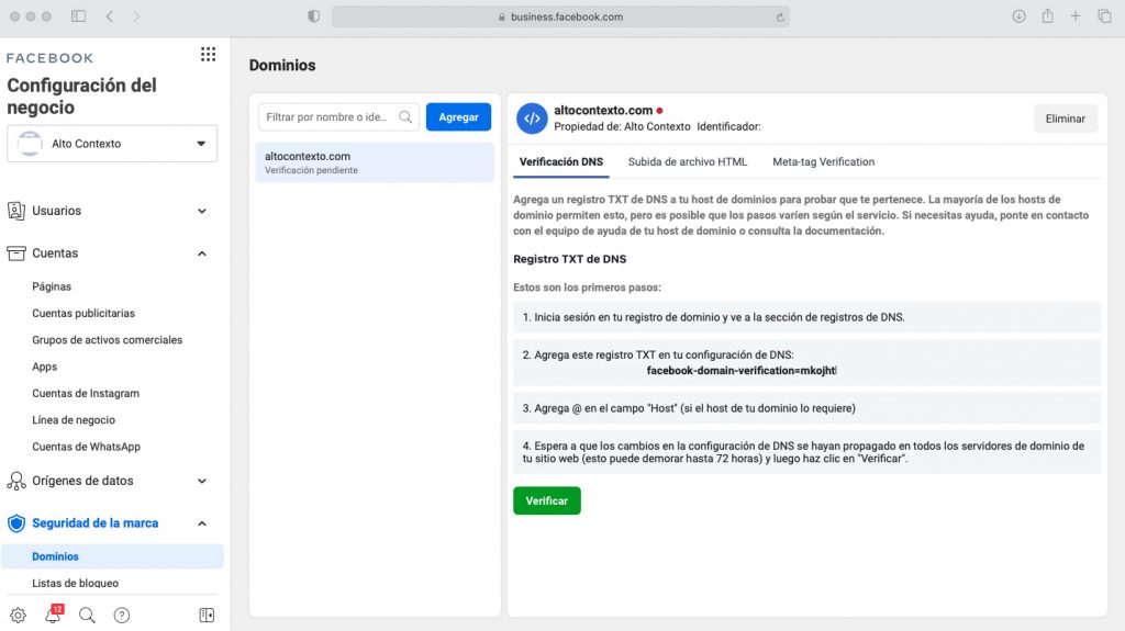verificar tu dominio en el Facebook Business Manager