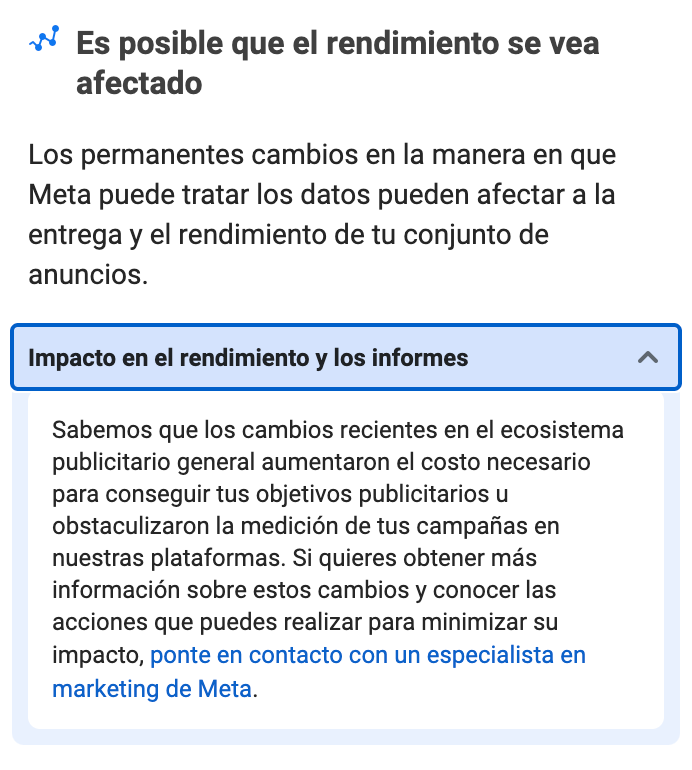 Mejorar las conversiones en Meta - Notificación de rendimiento